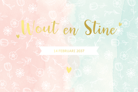 Geboortekaartje tweeling met getekende bloemetjes en goudfoie