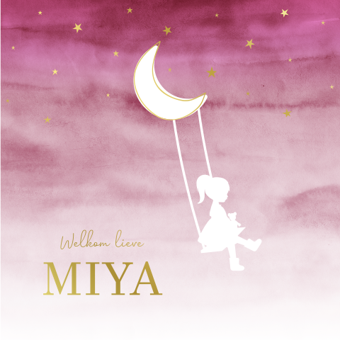 Lief geboortekaartje met meisje op schommel en maan