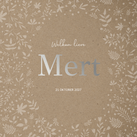 Geboortekaartje jongen met takjespatroon en zilverfolie