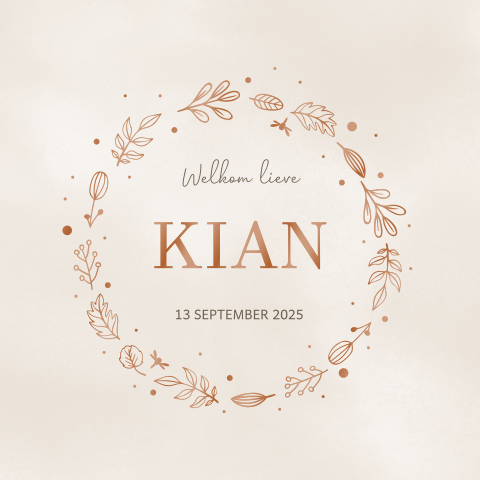 Geboortekaartje met krans van koperfolie