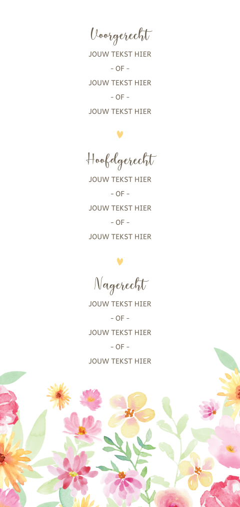 Langwerpige menukaart met waterverf bloemen