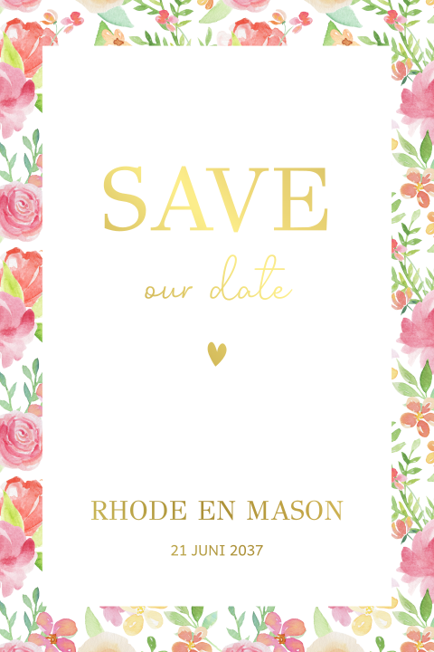 Save the date kaartje met foliedruk en bloemen