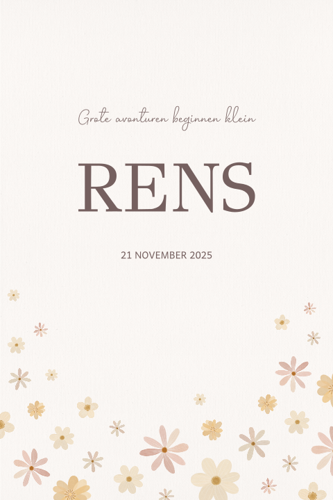 Geboortekaartje met zandkleur en getekende bloemetjes