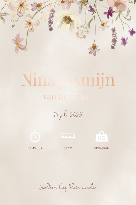 Geboorteposter met veldbloemen en foliedruk