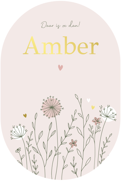 Geboortekaartje met ovale vorm en getekende bloemen
