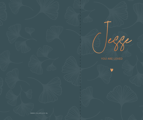 Donkerblauw geboortekaartje met blaadjesprint en koperfolie