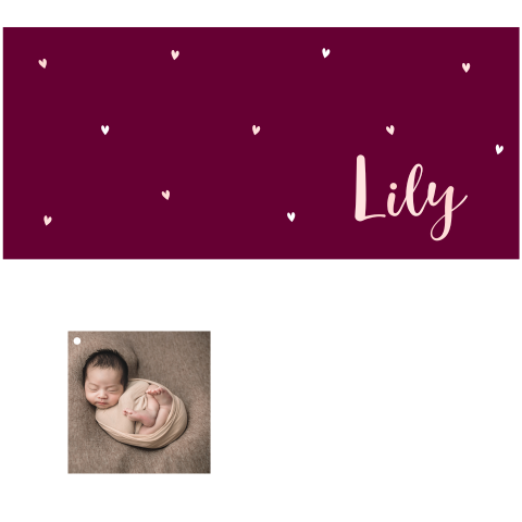 Burgundy geboortekaartje met lichtroze hoogglans en losse foto