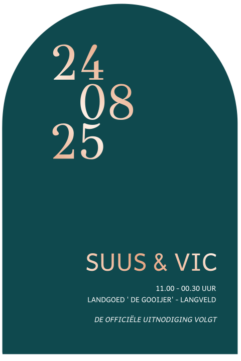 Save the date kaartje met rosefolie en boogvorm