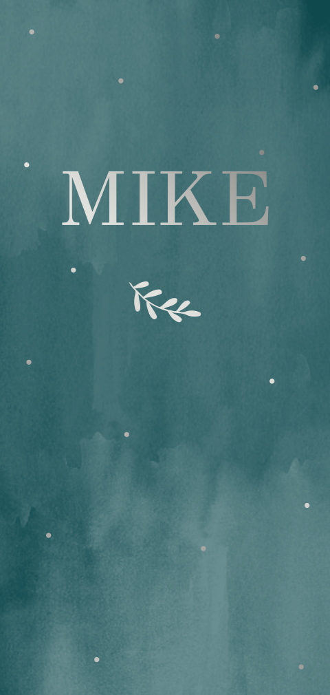 Geboortekaartje jongen met waterverf, blaadjes en zilverfolie