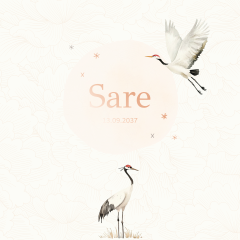 Geboortekaartje met kraanvogels en Japanse bloemenprint