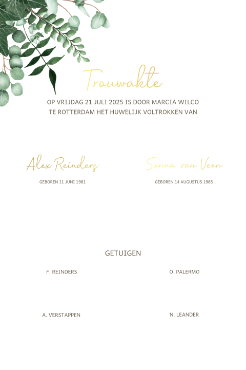Trouwakte met botanische elementen en foliedruk
