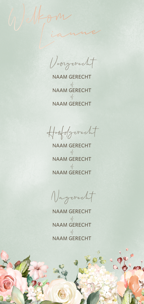Menukaart met naam, bloemen en groene tinten