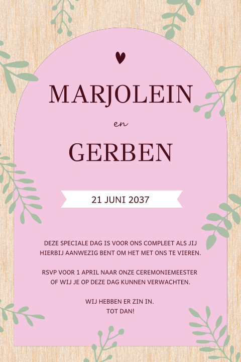 Trouwkaart met getekende takjes op echt hout
