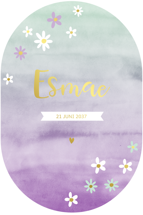 Lief geboortekaartje met handgetekende bloemen en foliedruk