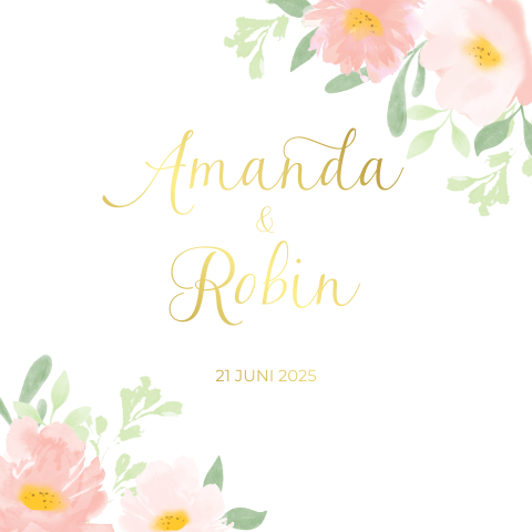 Lief trouwkaartje met waterverf bloemen en foliedruk