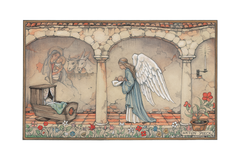 Anton Pieck geboortekaart engel baby wiegje