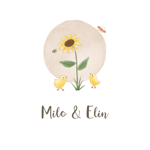 Geboortekaart tweeling twee kuikentjes met zonnebloem