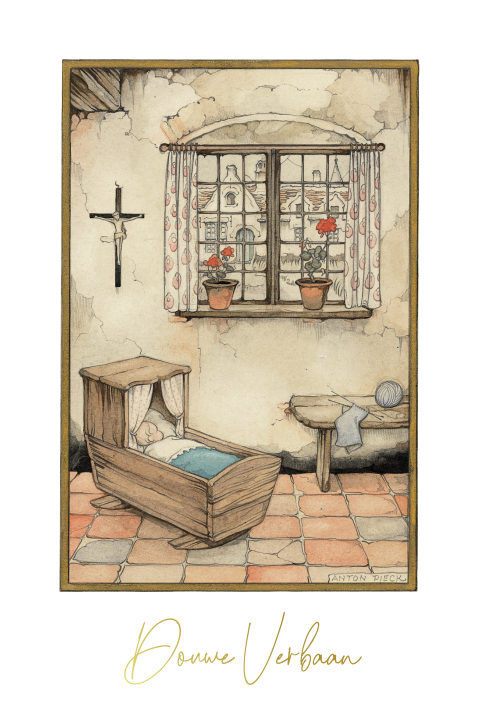Anton Pieck geboortekaartje baby schommelwiegje goudfolie
