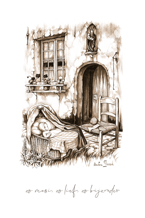 Anton Pieck geboortekaartje pentekening wiegje religieus
