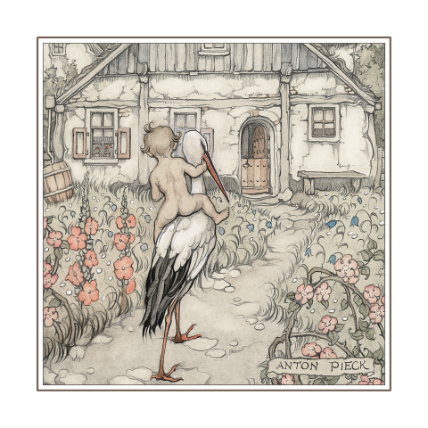 Geboortekaartje Anton Pieck baby ooievaar bloemenpad