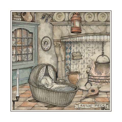 Geboortekaart Anton Pieck baby rotan wiegje