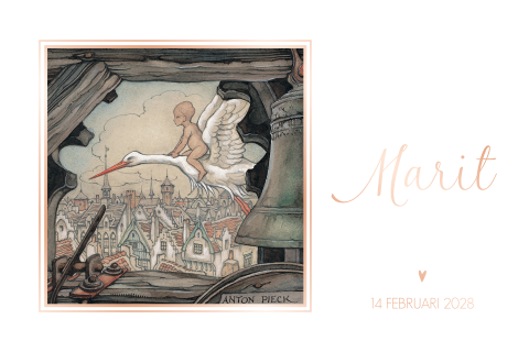 Anton Pieck geboortekaart baby op rug ooievaar roségoudfolie