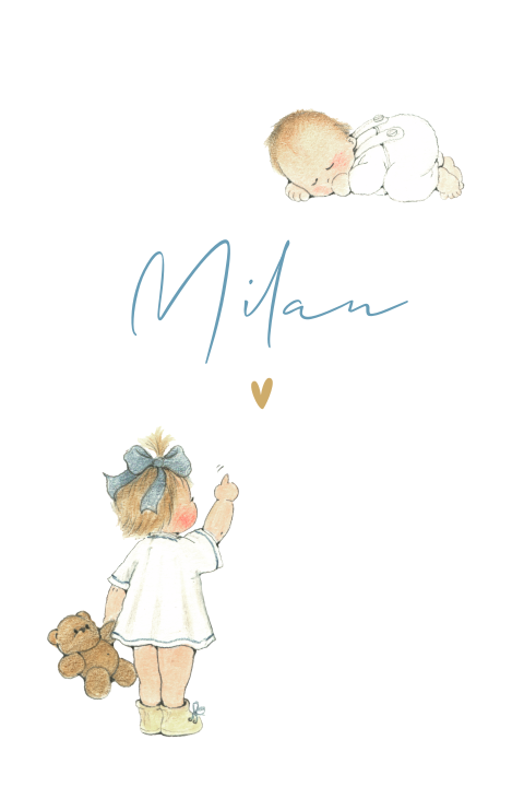 Getekend geboortekaartje staand baby met grote zus