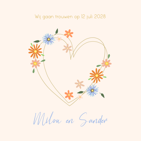 Trouwkaart geometrisch hart met kleurrijke bloemen