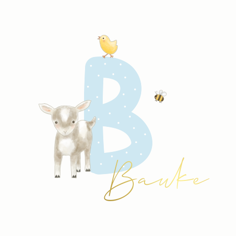 Geboortekaart boerderijdieren initiaal goudfolie