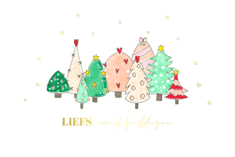 Liggende kerstkaart 9 kerstbomen goudfolie