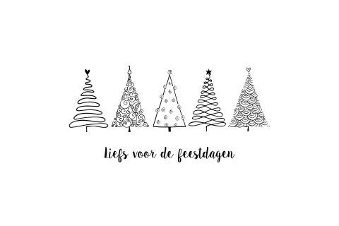 Kerstkaart vijf kerstboompjes zwart wit