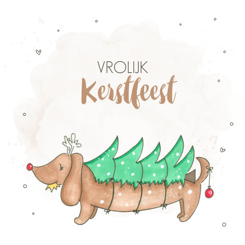 Kerstkaart teckel met kerstboom