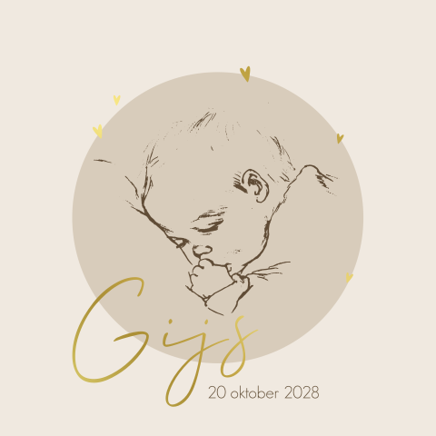 Beige geboortekaart pentekening baby hartjes goudfolie