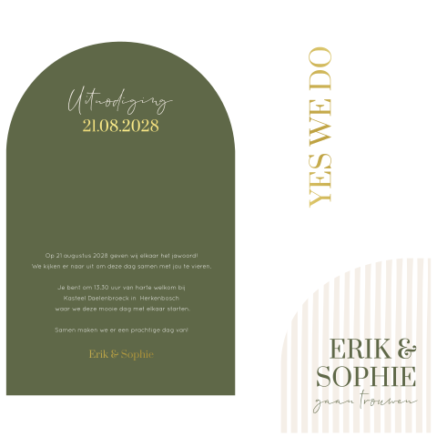Trouwkaart labelkaart boogvorm groen beige goudfolie
