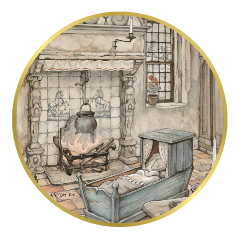 Anton Pieck geboortekaartje ronde vorm wiegje goudfolie