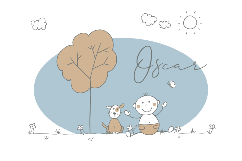 Geboortekaartje jongen baby met hond in lijntekening