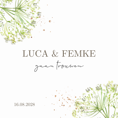 Trouwkaart bloemen watercolor goudlook spetters
