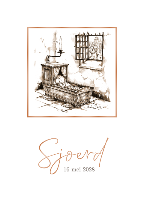 Geboortekaartje Anton Pieck schommelwiegje pentekening hoogglans