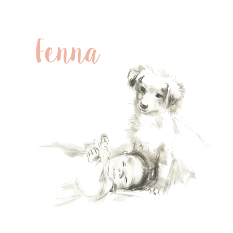 Geboortekaartje pentekening liggende baby met hond