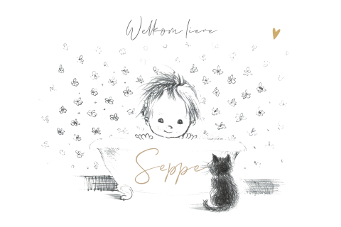 Geboortekaart jongen pentekening baby in bad met poes