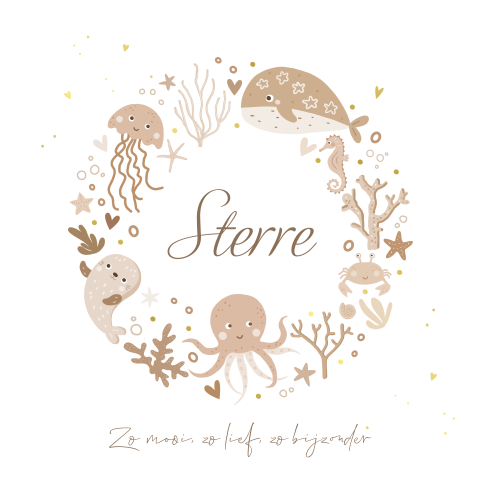 Geboortekaartje zeedieren in sepia met goudfolie