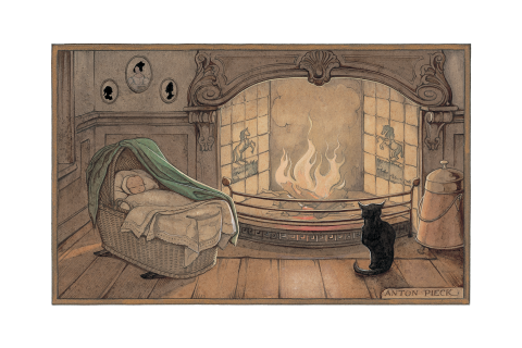 Anton Pieck geboortekaart baby rotan wiegje met kat