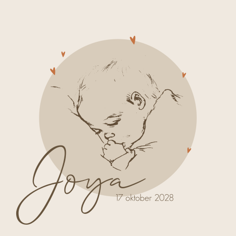 Beige geboortekaartje pentekening slapende baby hartjes