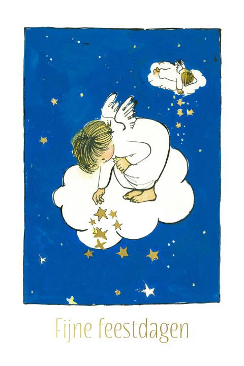 Kerstkaart engelen met sterren in goudfolie