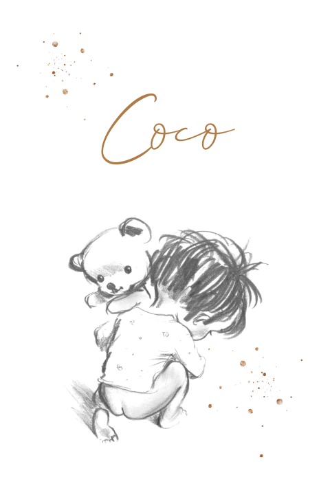 Geboortekaart enkel pentekening baby met knuffel goudlook spetters