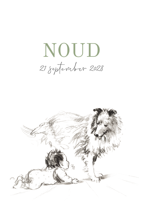 Geboortekaart boogvorm pentekening baby met hond