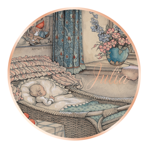 Anton Pieck geboortekaartje meisje ronde vorm wiegje roségoudfolie
