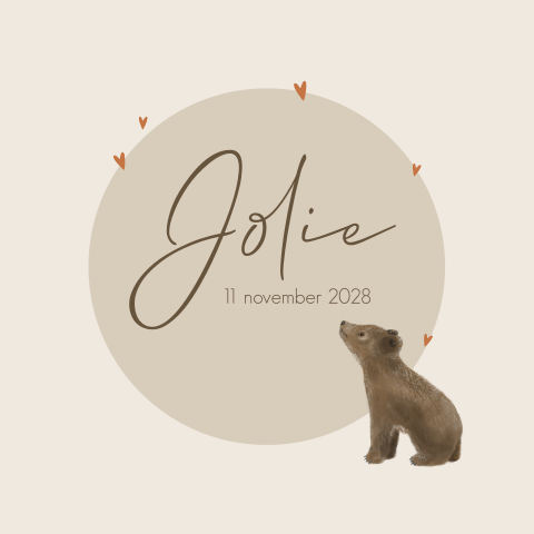 Geboortekaart beige cirkel beer met hartjes