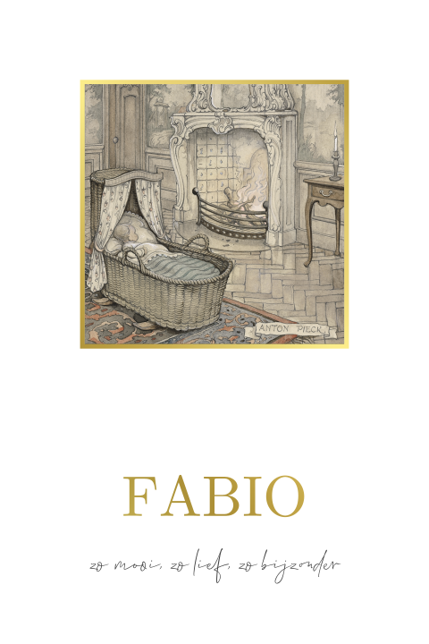 Geboortekaartje Anton Pieck rotan wiegje goudfolie