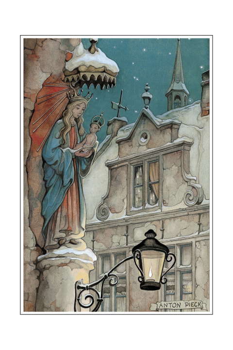 Kerstkaart Anton Pieck beeld Maria en Jezus